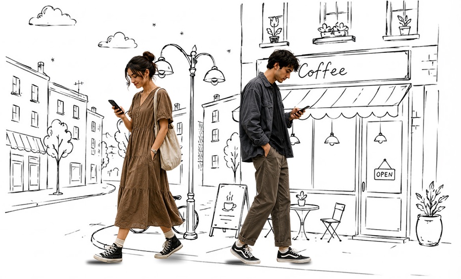 Two people walking and looking at their phones outside a hand-drawn sketch of a coffee shop