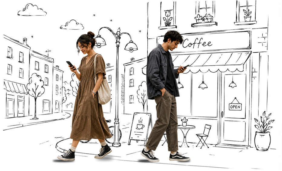 Two people walking and looking at their phones outside a hand-drawn sketch of a coffee shop